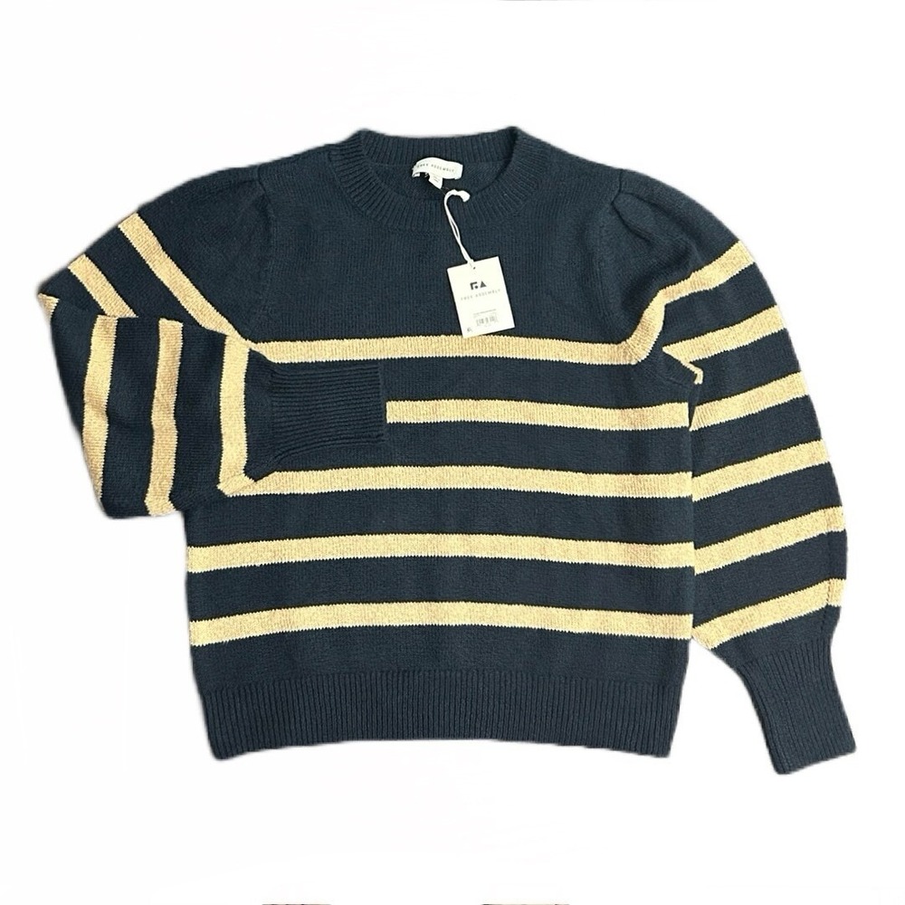 Free Assembly Puff Shoulder Sweater Women's Ivory Navy‎ Stripe Size XL NWT